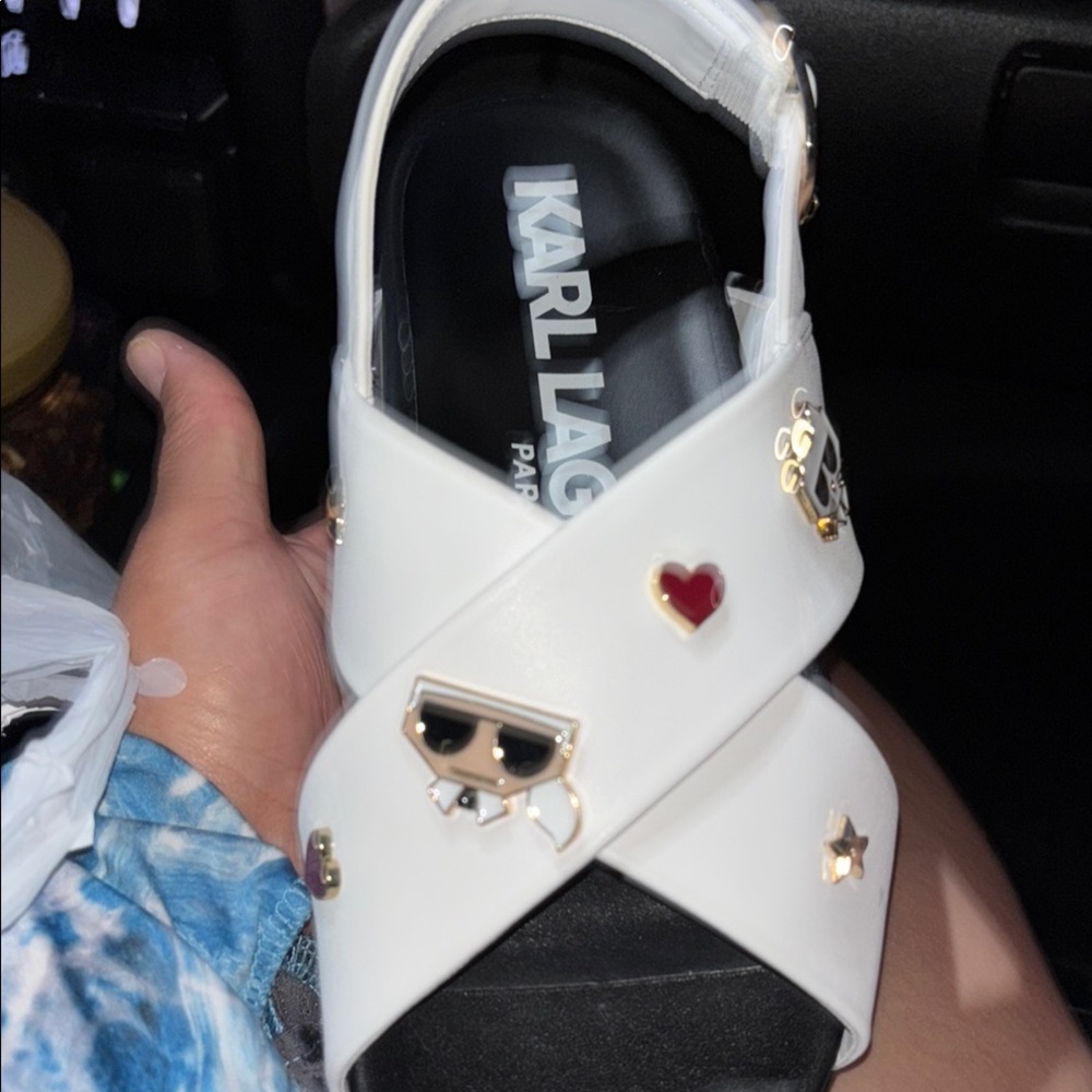 Karl Lagerfeld White and Black Sandals with Cross-Strap Design